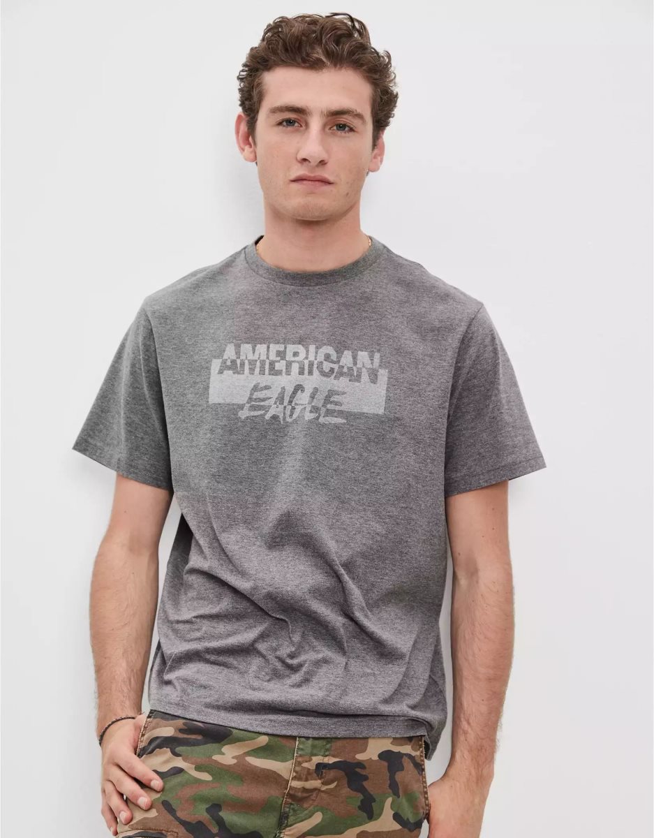 T Shirt Graphique American Eagle AE Super Soft Logo Grise Homme | PBZ-10217150